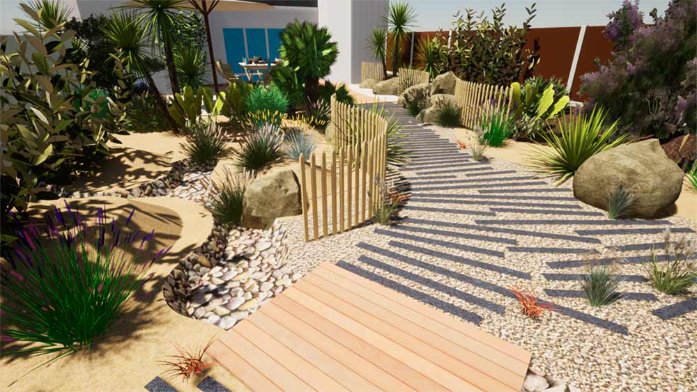 Conception plan 3D d'un jardin végétalisé style bord de mer avec ganivelles, enrochements, gravier, dalles à Givrand (85)